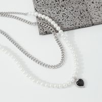 Simple Heart Pendant Fashion Retro Inlaid Pearl Double Layered Necklace main image 5
