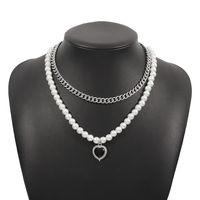 Simple Heart Pendant Fashion Retro Inlaid Pearl Double Layered Necklace main image 6