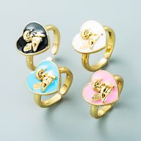 Retro Copper Plated 18k Gold Black White Pink Blue Dripping Oil Heart Angel Ring main image 1