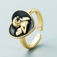 Retro Copper Plated 18k Gold Black White Pink Blue Dripping Oil Heart Angel Ring main image 3