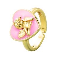 Retro Copper Plated 18k Gold Black White Pink Blue Dripping Oil Heart Angel Ring main image 6