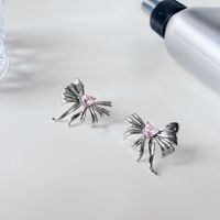 Pink Diamond Bow Needle Light Inlaid Fashion Metal Texture Ear Stud Jewelry sku image 1