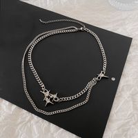 Vintage Double Layered Hollow Chain Inlaid Diamond Star Titanium Steel Necklace sku image 1