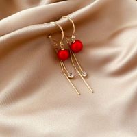 Fashion Inlaid Red Pearl Long Tassel Alloy Drop Earrings Wholesale sku image 1