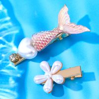 2 Piece Classic Pink Mermaid Tail White Flower Hair Clip Set main image 1