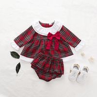 Children Clothings Long-sleeved Non-hooded Pullover Autumn Plaid Dress Underpants Two-piece Suit main image 4
