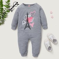 Gray Long Sleeve Unhooded Cotton Paris Tower Print One Piece Baby Romper main image 3