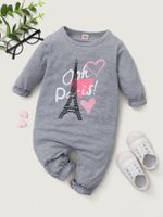 Gray Long Sleeve Unhooded Cotton Paris Tower Print One Piece Baby Romper main image 4