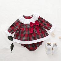 Children Clothings Long-sleeved Non-hooded Pullover Autumn Plaid Dress Underpants Two-piece Suit sku image 1