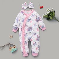 Summer Cotton Long-sleeved Non-hooded Pink Flower Print Baby Jumpsuit sku image 1
