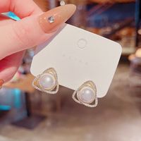 Fashion Triangular Zircon-shaped Micro-set Pearl Copper Earrings Wholesale main image 1