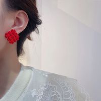 Korean Style Flocking Grid Pure Color Stud Earrings main image 4