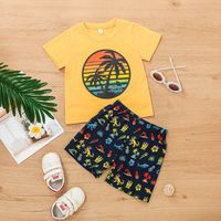 Children's Beach Print Shorts Set Summer Boys And Girls Short Sleeve T-shirt 2 Piece Set main image 1