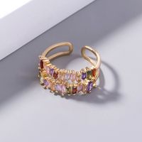 Simple Irregular Square Double Row Color Zircon Copper Ring main image 4