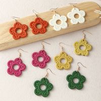 Fashion Solid Color Hollow Flower Bamboo Rattan Straw Drop Earrings main image 3