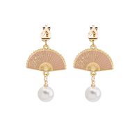 Retro Fan Pearl Flower Folding Tassel Earrings Ear Clips sku image 4