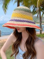 Bohemian Style Women's Foldable Rainbow Color Matching Fisherman Hat Straw Hat main image 4
