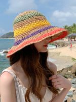 Bohemian Style Women's Foldable Rainbow Color Matching Fisherman Hat Straw Hat main image 2