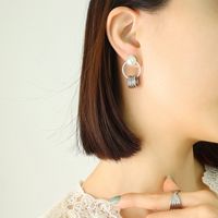 Titanium Steel Fashion Double Ring Pearl Earrings Jewelry sku image 1