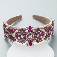 Baroque Rose Red Geometric Inlaid Diamond Pearl Wide Headband main image 3