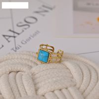 New 14k Gold Bamboo Square Blue Turquoise Stainless Steel Open Ring main image 3