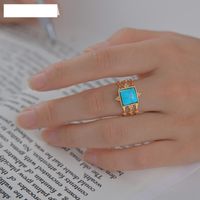 New 14k Gold Bamboo Square Blue Turquoise Stainless Steel Open Ring main image 5