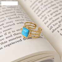 New 14k Gold Bamboo Square Blue Turquoise Stainless Steel Open Ring main image 6