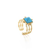 New 14k Gold Bamboo Square Blue Turquoise Stainless Steel Open Ring main image 1