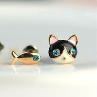 Fashion Trend Jewelry Dripping Oil Kitten Fish Asymmetric Rhinestone Earrings sku image 1
