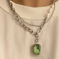 Vintage Emerald Stacked Belt Pearl Hollow Chain Titanium Steel Necklace sku image 1