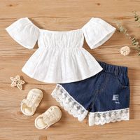 Children's Clothing One-shoulder Lace Top Denim Shorts Suit Baby Girl sku image 1