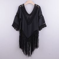 New Hand Crochet Patchwork Solid Color Hollow Irregular Fringed Blouse Top main image 8