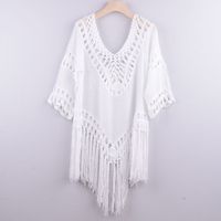 New Hand Crochet Patchwork Solid Color Hollow Irregular Fringed Blouse Top sku image 1