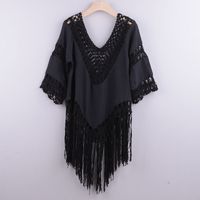 New Hand Crochet Patchwork Solid Color Hollow Irregular Fringed Blouse Top sku image 2