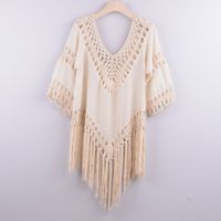New Hand Crochet Patchwork Solid Color Hollow Irregular Fringed Blouse Top sku image 3