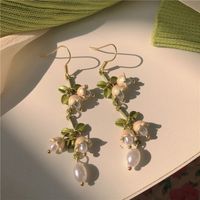 Retro Green Flower Pearl Pendant Earrings main image 1