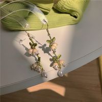 Retro Green Flower Pearl Pendant Earrings main image 6