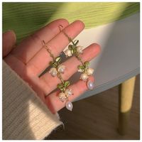 Retro Green Flower Pearl Pendant Earrings main image 7