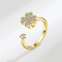 Fashion Rotating Four-leaf Clover Copper Zircon Adjustable Opening Ring main image 4