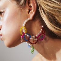Summer Holiday Style Candy-colored Crystal Tassel Earrings C-shaped Beaded Resin Earrings main image 3