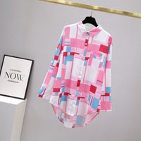2022 Spring New Large Lapel Long-sleeved Printed Cardigan Stand-up Collar Shirt Top main image 8