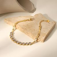 Fashion Retro 14k Gold-plated Stainless Steel Inlaid Round Zircon Flat Snake Chain Bracelet main image 4