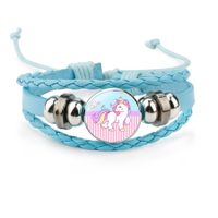 Cute Children's Cartoon Unicorn Pony Blue Hand-woven Rope Leather Bracelet sku image 2