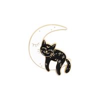 Creative Cartoon Cute Little Black Cat Dripping Oil Moon Alloy Brooch sku image 4