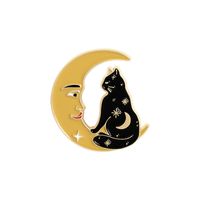 Creative Cartoon Cute Little Black Cat Dripping Oil Moon Alloy Brooch sku image 3