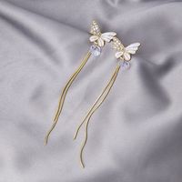 New Tassel Diamond-studded Butterfly Flower Pearl Fashion Long Thin Alloy Earrings sku image 2