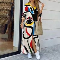 2022 Spring New Long Sleeve Hit Color Line Printed Lapel Loose Dress main image 3