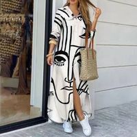 2022 Spring New Long Sleeve Hit Color Line Printed Lapel Loose Dress main image 4