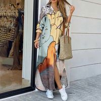 2022 Spring New Long Sleeve Hit Color Line Printed Lapel Loose Dress main image 8