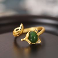 Simple Little Fox Shape 925 Sterling Silver Frosted Inlaid Jade Ring main image 4